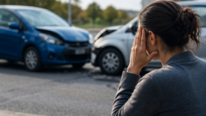 a woman is after accident is confused and she is thinking for Car Wreck Guidance