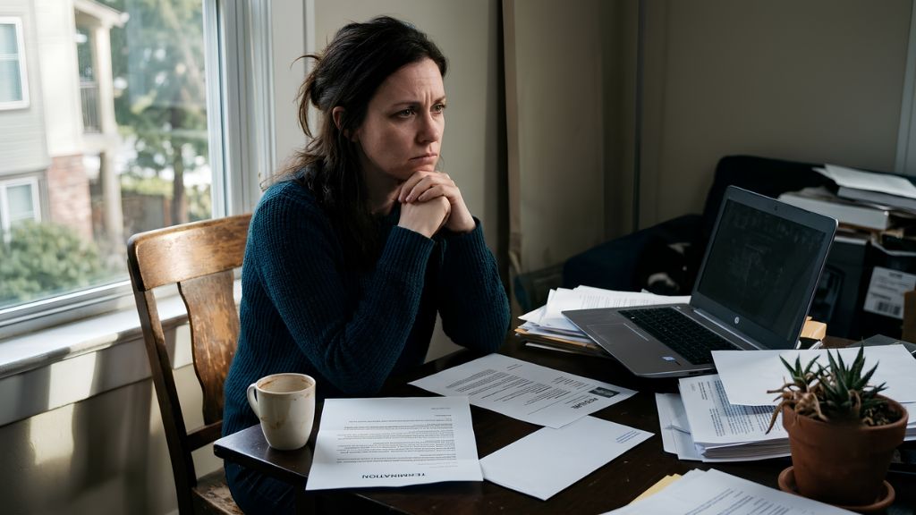 Can I Be Fired After a Car Accident? A worried woman thinking at her office desk.