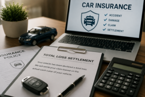 Car insurance total loss settlement documents with vehicle valuation and claim information