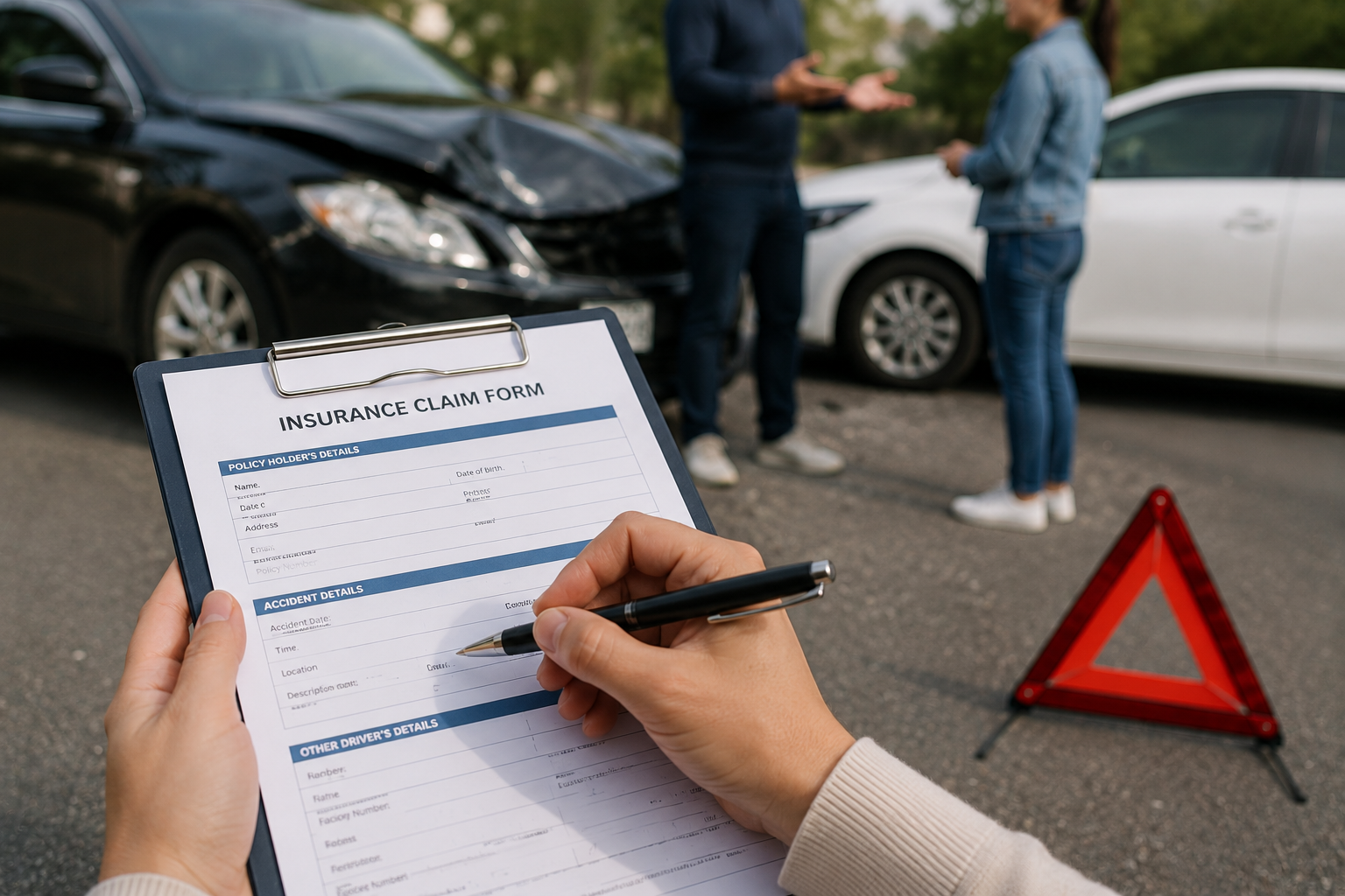 Uninsured driver claim after car accident with damaged vehicles and insurance claim form