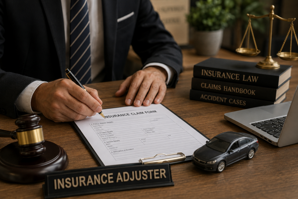 Insurance adjuster reviewing a car accident claim form at a desk with legal documents and a damaged vehicle model.