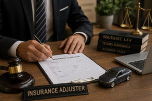 Insurance adjuster reviewing a car accident claim form at a desk with legal documents and a damaged vehicle model.