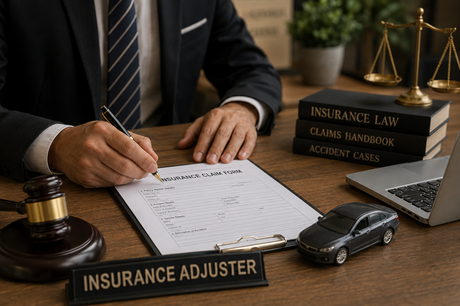 Insurance adjuster reviewing a car accident claim form at a desk with legal documents and a damaged vehicle model.
